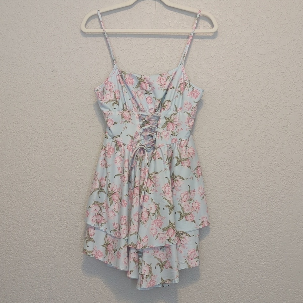 Shein MOD light blue pink ditsy floral lace up strapless mini dress - Picture 4 of 12